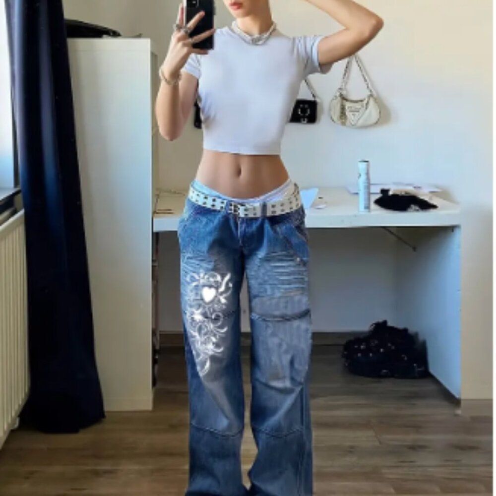 Washed Heart Pattern Cargo Jeans, Slash Pocket Whiskering Low Rise Loose L(8/10)